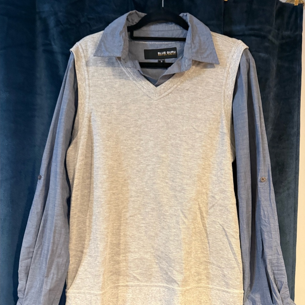 Men's Casual Gray and Blue Button Down Shirt